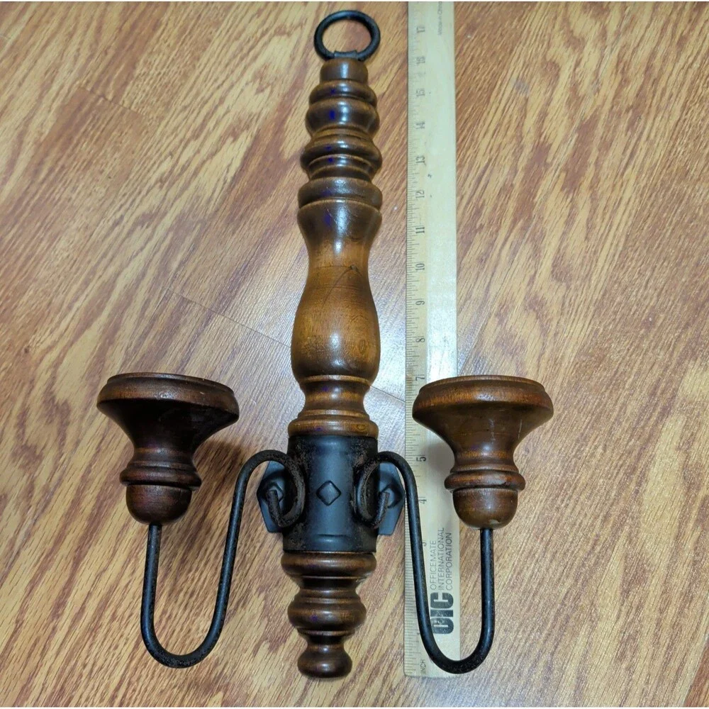 Vintage Brown Wood Black Metal Double Candle Wall Sconce Decor 17